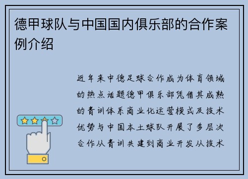 德甲球队与中国国内俱乐部的合作案例介绍